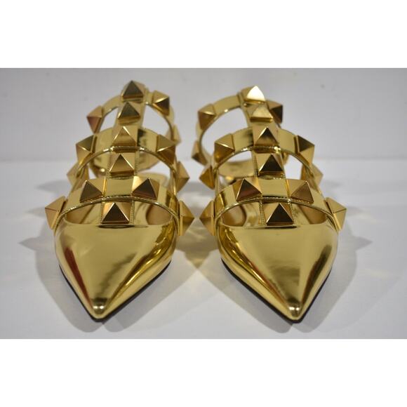 Valentino Rockstud Gold Pyramid Stud Pointed Ankle Strap Ballerina Flat 37 - Picture 5 of 12